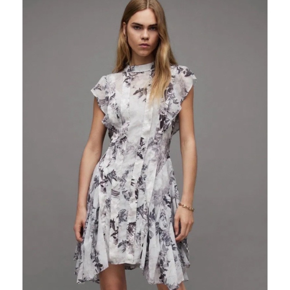 AllSaints Fleur Audrey Mini Asymmetric Hem Dress Floral Monochrome US 8 UK 12